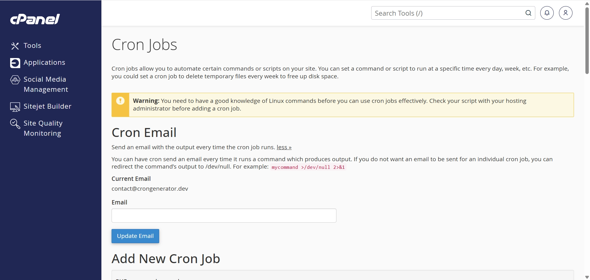 cPanel Cron Jobs email notification field at the top of the page
