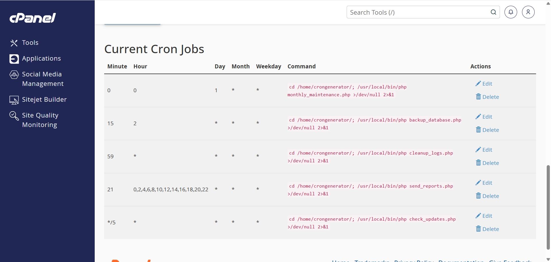 cPanel Current Cron Jobs table showing added cron jobs with Edit and Delete buttons