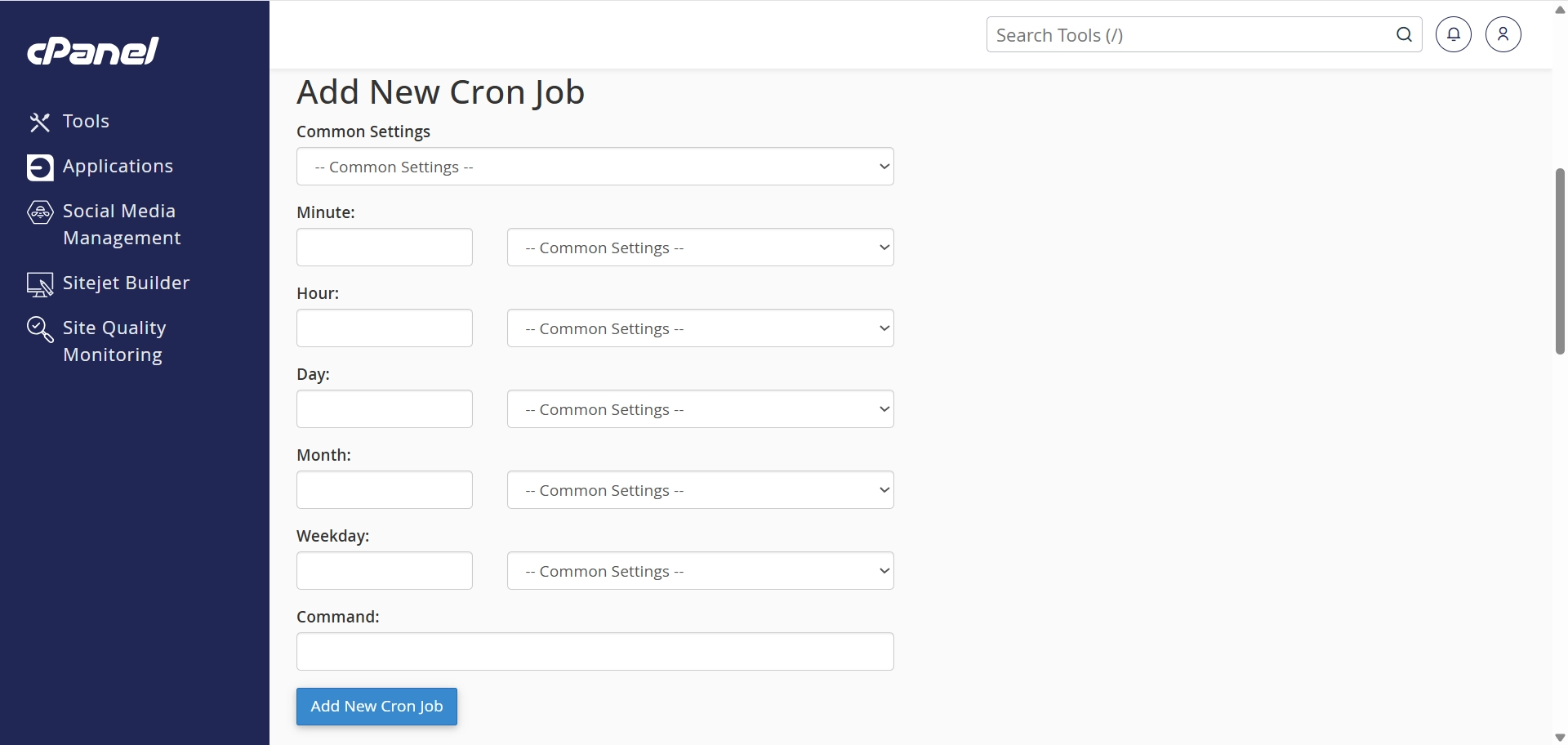 cPanel Cron Jobs page showing the Add New Cron Job form with Minute, Hour, Day, Month, Weekday fields and Command field
