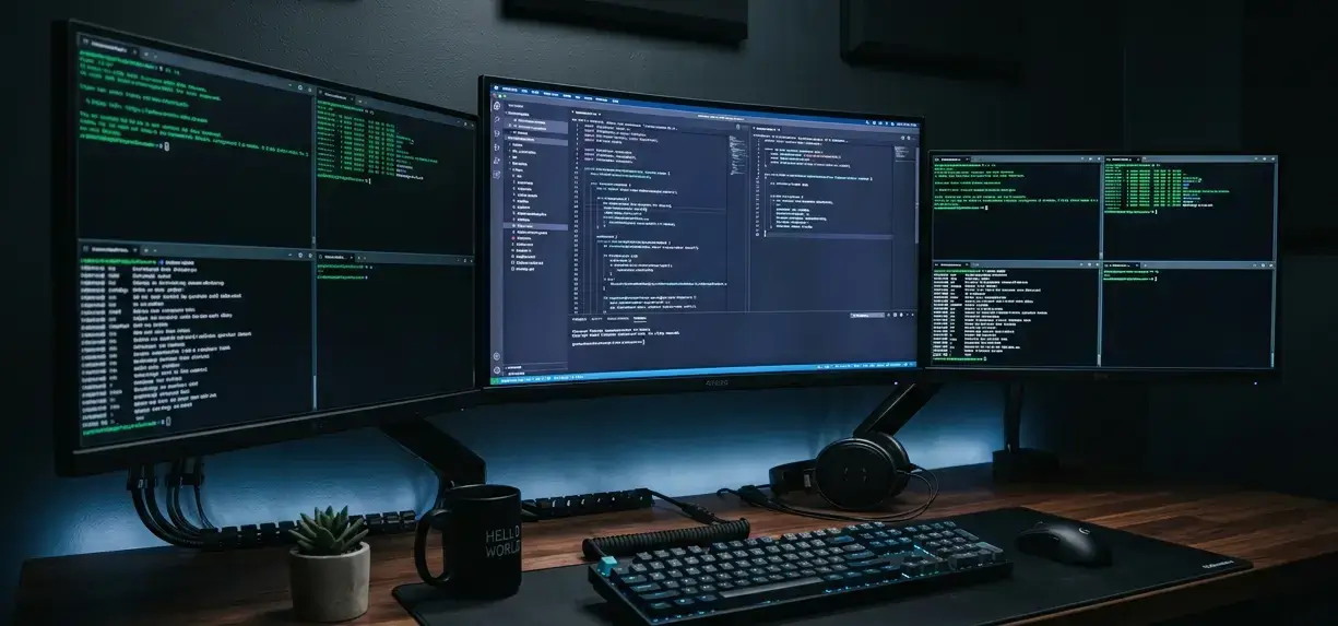 Developer workspace with code on screen